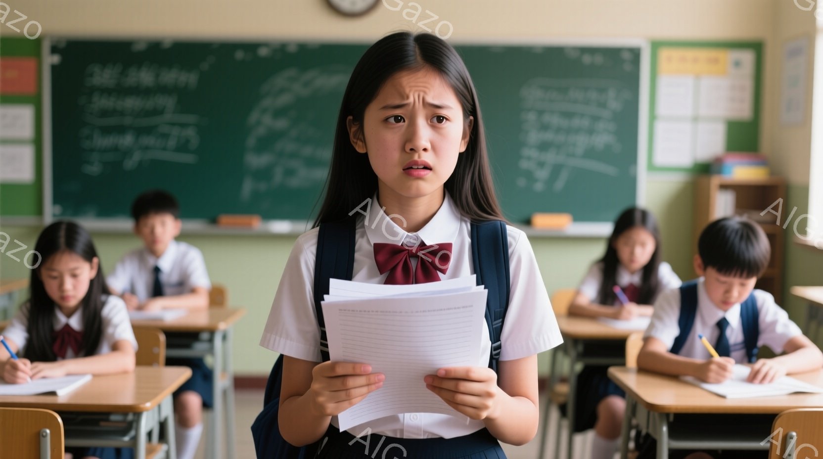 制服を着た女子生徒が、手にたくさんのプリントを持った状態で正面を見据えています。彼女は少し驚いた表情で、眉をひそめています。教室の奥には他の生徒たちが机に向かって勉強しており、黒板には文字が書かれています。
