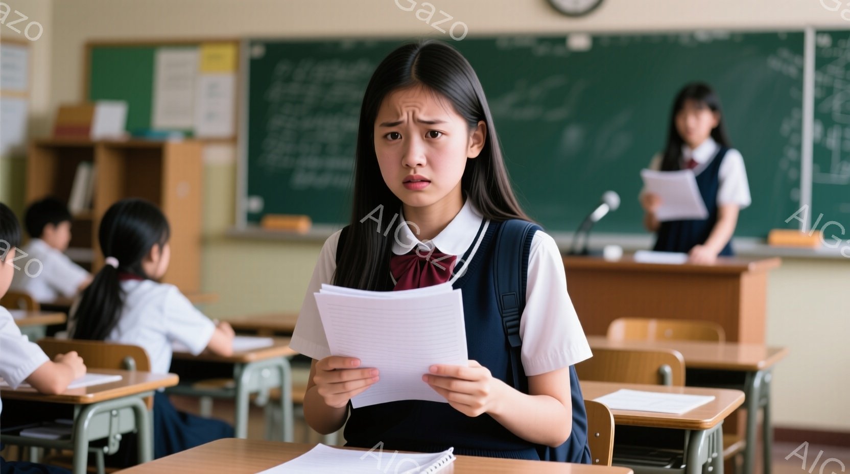 制服を着た女子学生が、困惑した表情で試験用紙らしきものを手に持っている。彼女は茶色の髪を肩まで伸ばしており、少し眉間にしわを寄せている。教室には他の生徒もおり、黒板や机が並んでいる、学習に集中した静かな雰囲気である。
