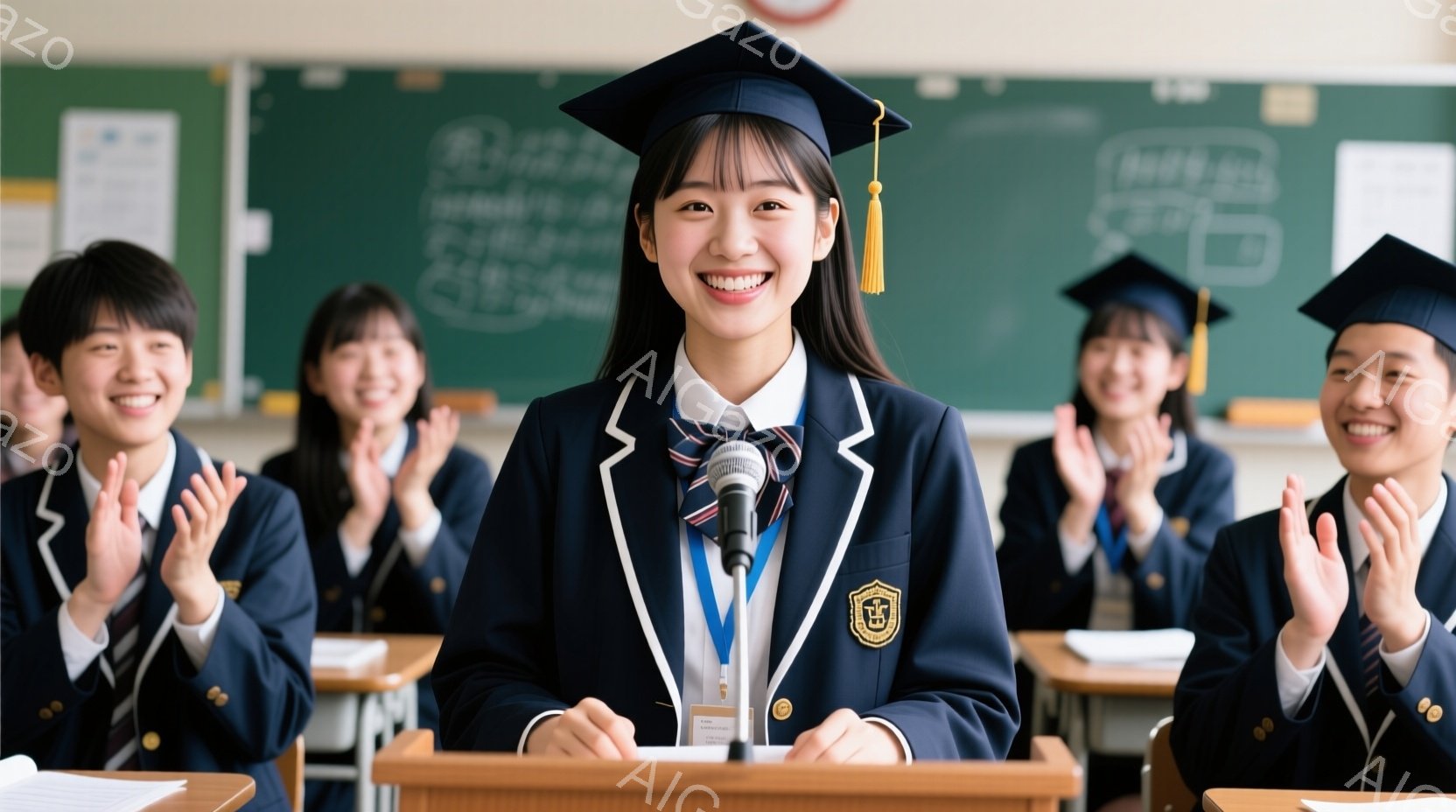 卒業式と思われる教室で、一人の女子学生が壇上でスピーチをしている。彼女は紺色の制服に卒業帽を被り、満面の笑顔でマイクに向かっている。背景には、拍手を送る他の学生たちが写っており、教室全体が華やかで喜びにあふれた雰囲気である。
