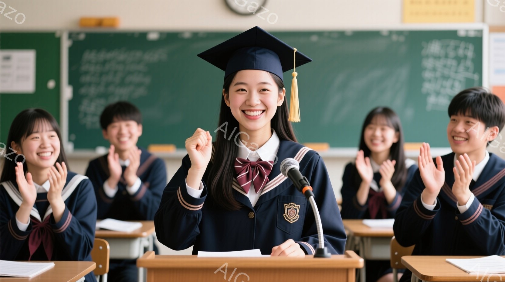 卒業式のような教室で、一人の女子学生が壇上に立ってマイクに向かって話しています。彼女は黒い学士帽をかぶり、紺色の制服に赤いネクタイ、そして金色のエンブレムをつけており、満面の笑みを浮かべています。教室の生徒たちは皆、彼女に向かって拍手を送っており、明るくお祝いの雰囲気が漂っています。