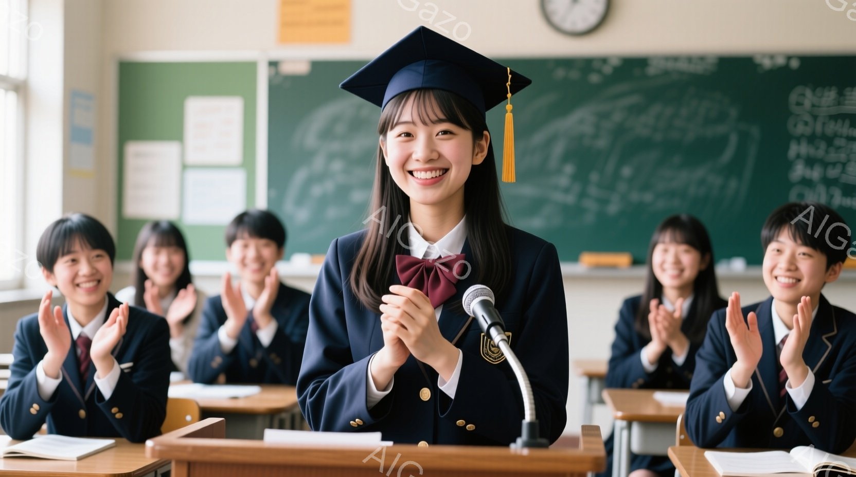 卒業式を思わせる教室で、制服に卒業帽子をかぶった女子学生がマイクに向かって笑顔で話しています。彼女は紺色のブレザーとチェックのスカート、赤いリボンを着用し、周りのクラスメートは手をたたいて祝福しています。教室には机と椅子が並び、黒板には文字が書かれており、明るく温かい雰囲気が漂っています。
