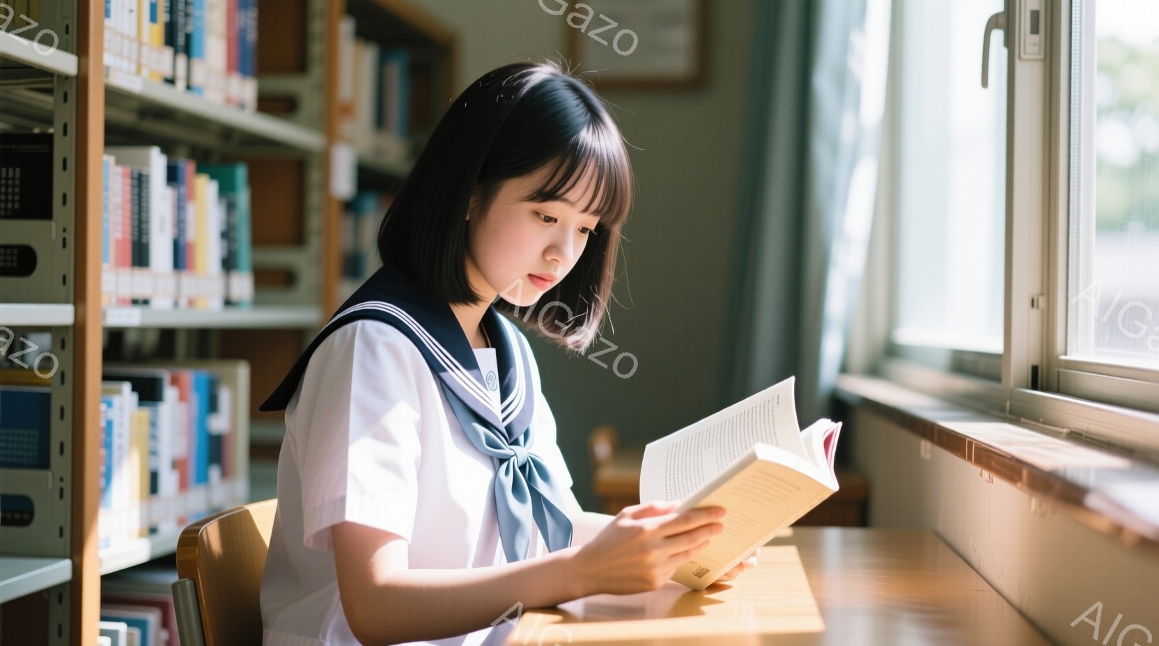 制服を着た若い女性が図書館で本を読んでいます。彼女は短い黒髪で、前髪が目にかかっています。集中した表情で、机に寄りかかりながら姿勢良く本を読んでおり、背景には本棚が並び、窓から自然光が差し込んでいます - AI生成フリー素材