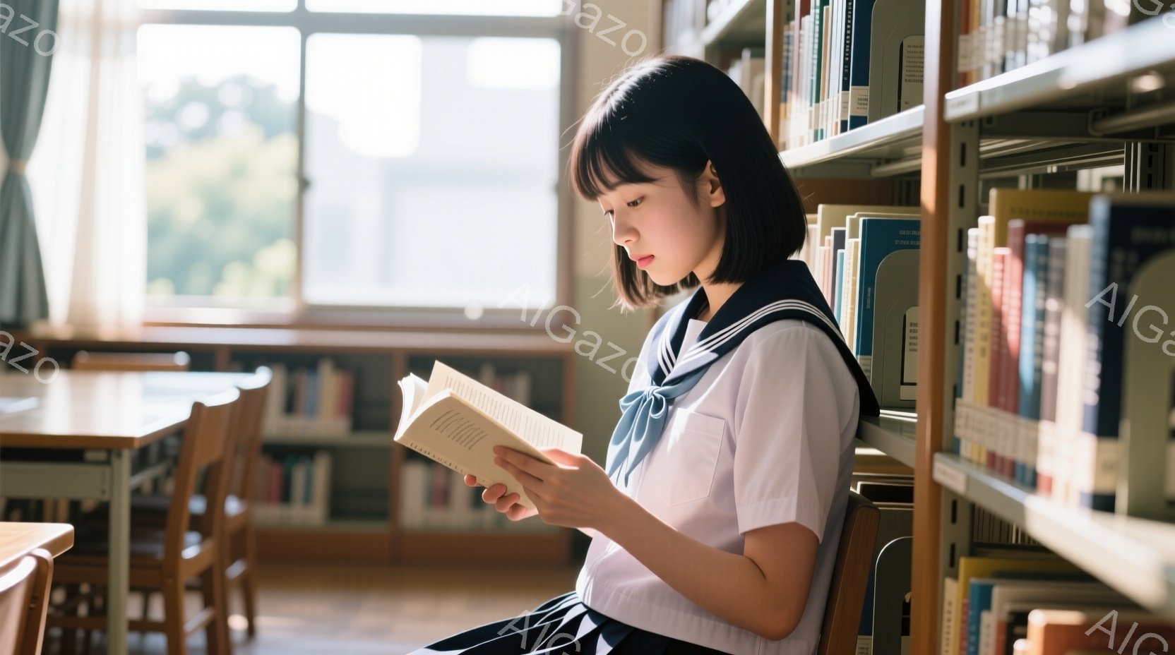 教室で少女が机に向かい、ノートに色鉛筆で何かを描いている様子が写っている。彼女は白いシャツとスカート姿で、髪は長くストレート、笑顔で楽しそうにしている。背景には他の生徒たちも座っており、明るく活気のある学校の雰囲気が感じられる。