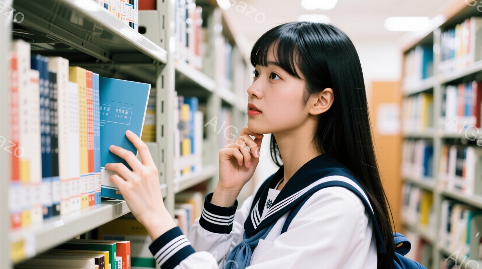 図書館の本棚の前で、制服を着た若い女性が立っている。彼女は黒髪で、前髪は眉毛にかかっており、集中した表情で本棚を眺めている。制服は白と紺色で、肩にリュックサックを背負っており、本のタイトルを確かめるよ - AI生成フリー素材