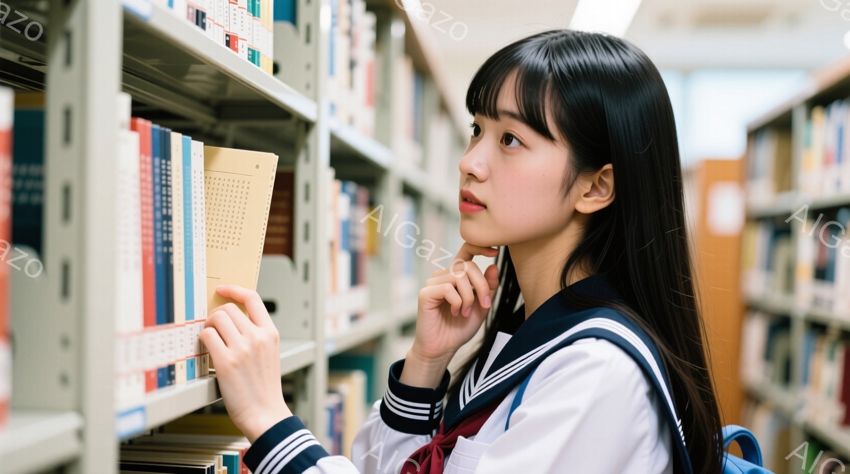 紺色のセーラー服を着た女子学生が図書館の本棚の前で本を探している。彼女は右手に黄色いカードを持ち、考え込んでいるような表情で少し上を見ている。背景には整然と並んだ本棚が続き、図書館内の静かで知的な雰囲気が漂っている。