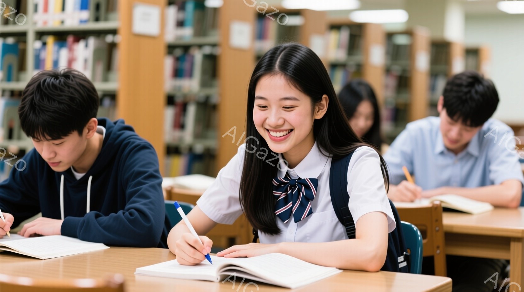 図書館で勉強する学生たちの様子が写っています。中央の女子学生は紺色のリボン付きの白いシャツを着ており、満面の笑みでノートにペンで書き込んでいます。背景には本棚が並び、他の学生たちもそれぞれノートに向か - AI生成フリー素材