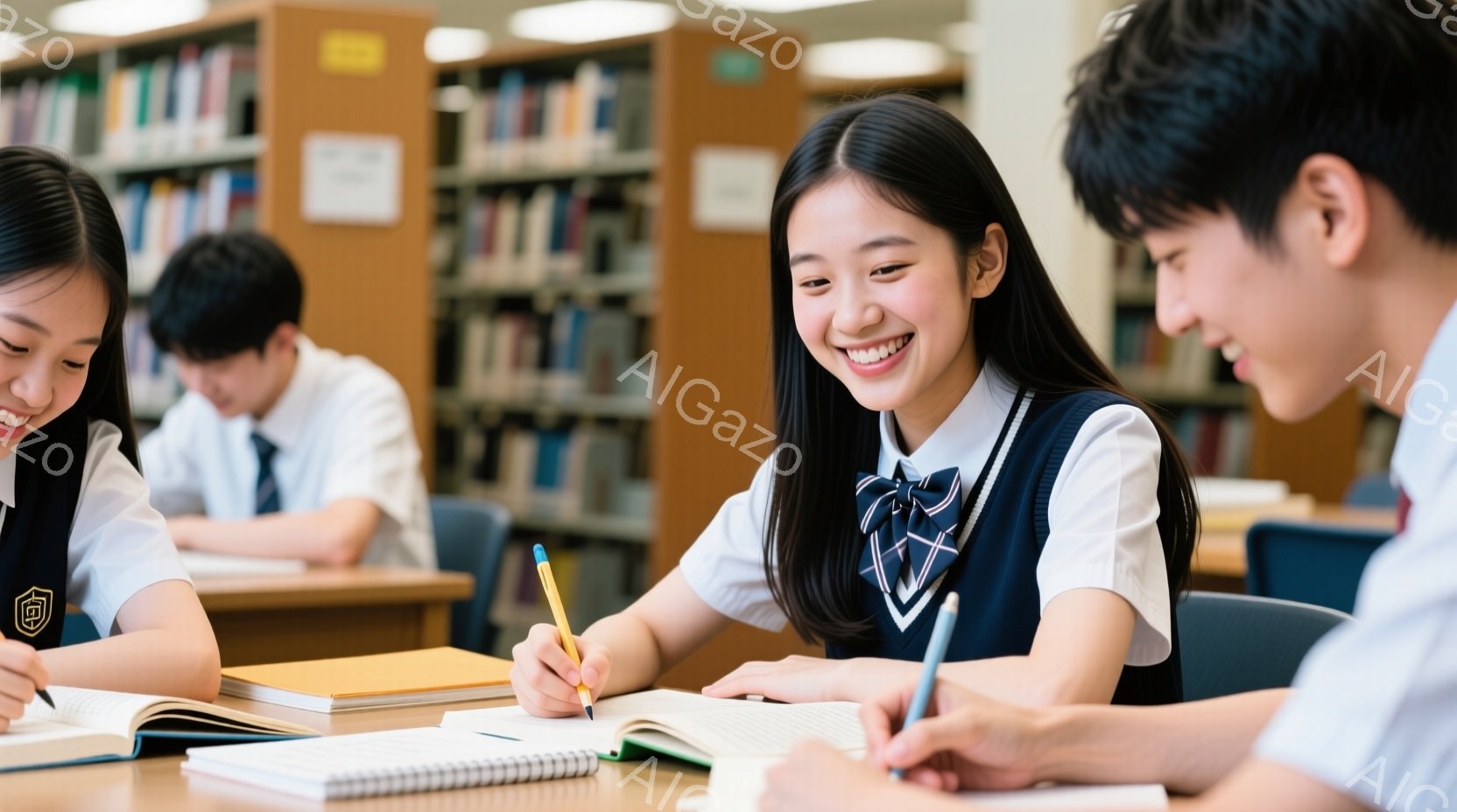 図書館で、制服を着た学生たちが机を囲んで勉強している様子が写っています。一人の女子学生は笑顔でノートに何かを書き込んでおり、他の男子学生も真剣な表情で勉強に集中しています。背景には整然と並んだ本棚があ - AI生成フリー素材