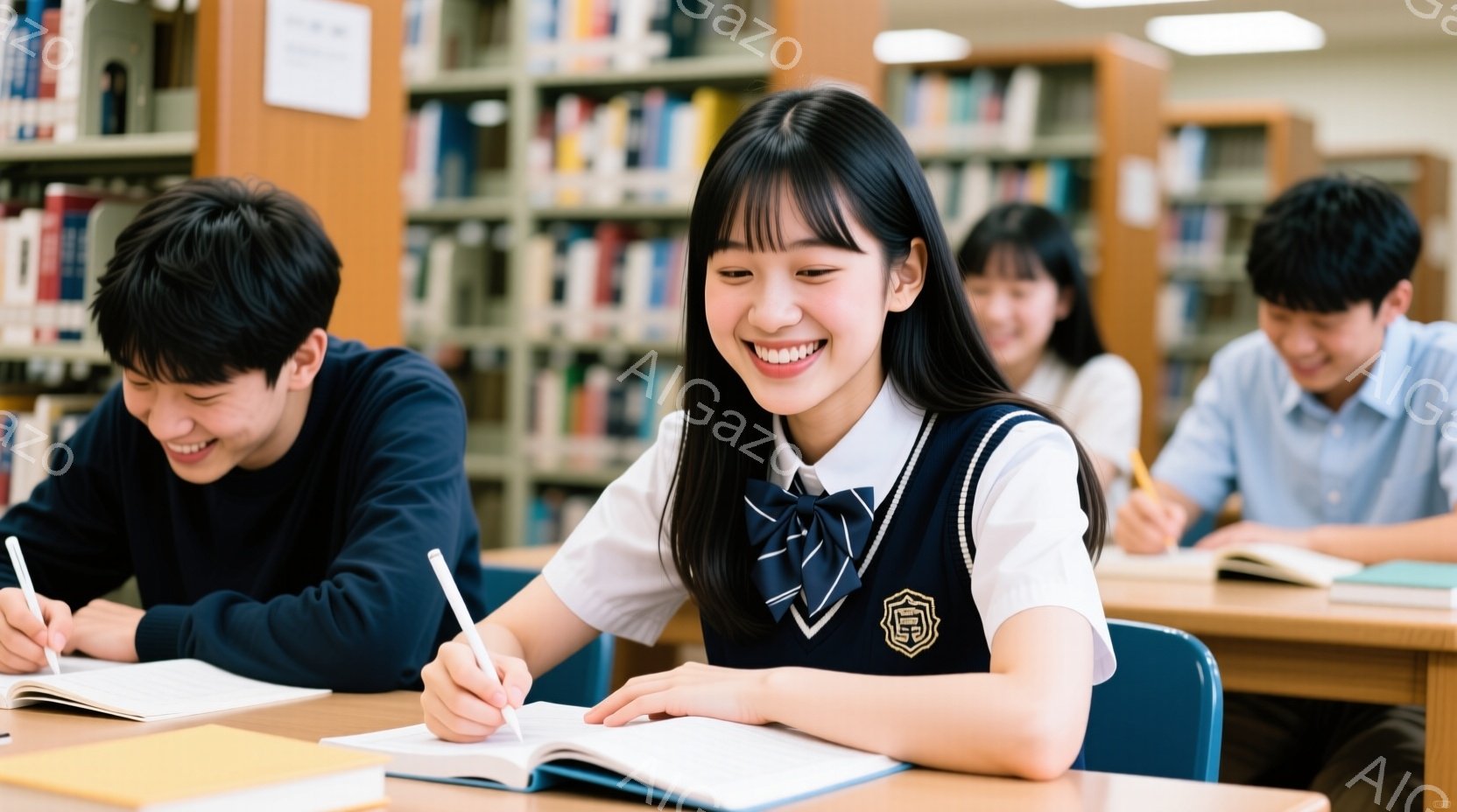 図書館で勉強する学生たちの写真です。制服を着た女子生徒は笑顔でペンを手に開き、ノートに書き込んでいます。背景には整然と並んだ本棚があり、明るい雰囲気の中で学習に集中している様子がうかがえます。 - AI生成フリー素材