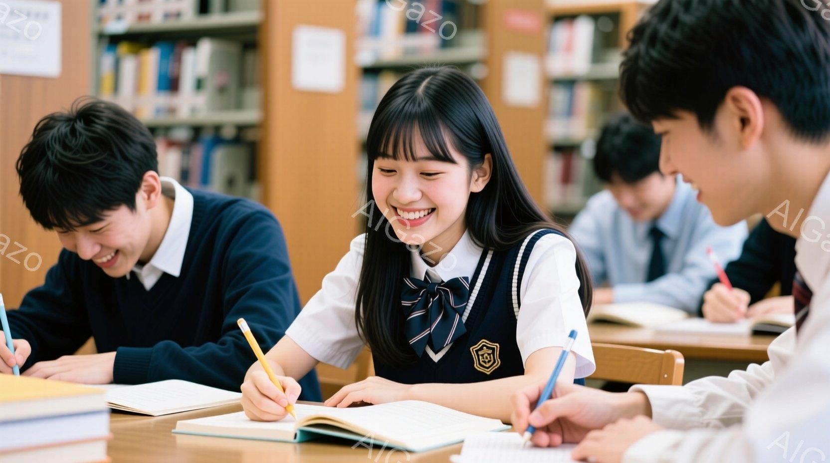 制服を着た女子高生が笑顔でノートに書き込んでいる様子が写っています。彼女は黒髪のロングヘアで、明るい表情を浮かべ、集中して授業に取り組んでいるようです。背景には、本棚が並び、他の生徒たちも勉強に集中している静かで落ち着いた教室の雰囲気が伝わってきます。
