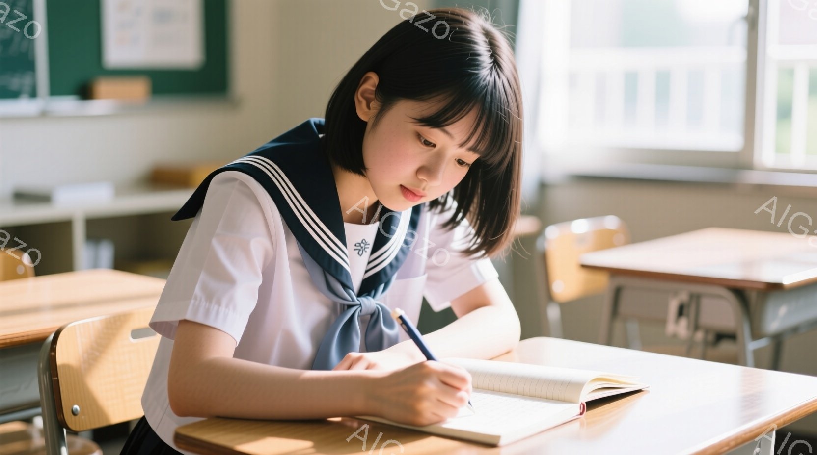 制服を着た若い女性が教室でノートに何かを書き込んでいる。彼女は黒髪のショートヘアで、真剣な表情でペンを握り、集中して課題に取り組んでいるようだ。背景には木製の机や椅子が並び、窓からは自然光が差し込み、落ち着いた学習環境を演出している。