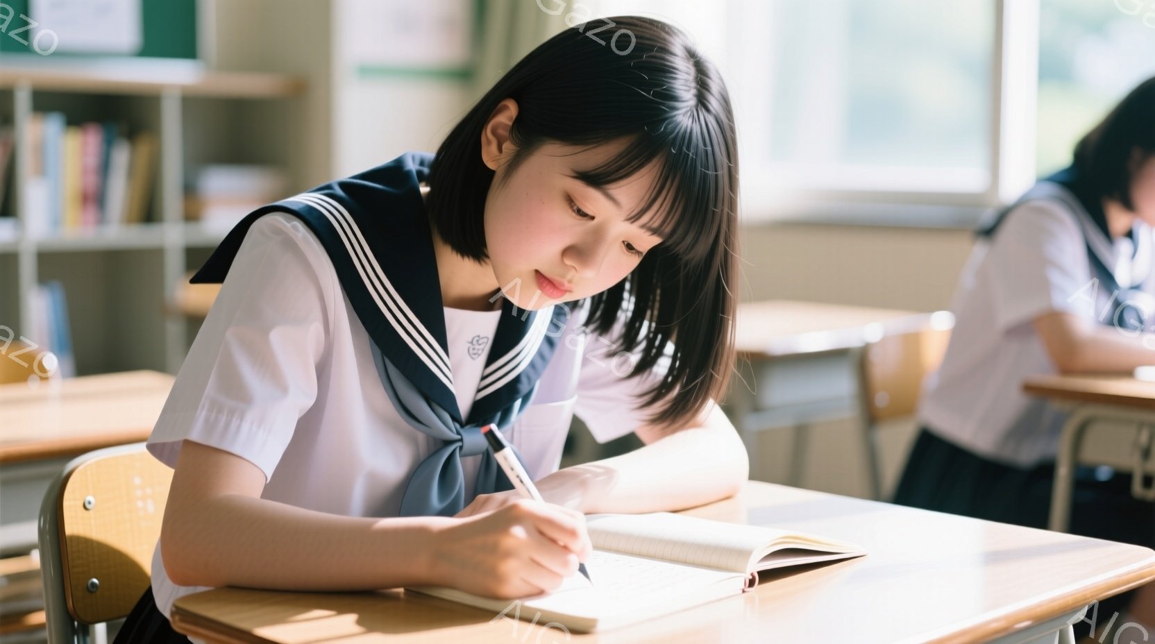 制服姿の女子学生が、授業中に机に向かって筆記している様子が写っている。彼女は黒髪で前髪を揃え、集中した表情でノートに何か書き込んでいる。教室の奥には他の生徒の姿も見え、背景には本棚があり、落ち着いた学 - AI生成フリー素材
