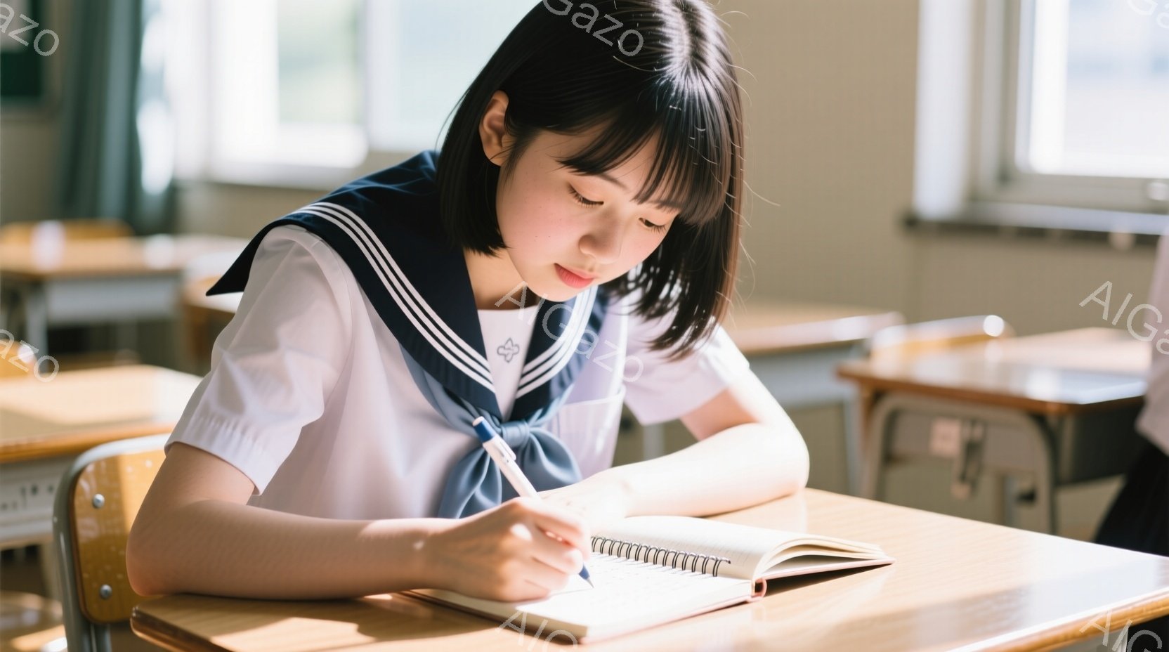 制服を着た女子学生が、木製の机に向かってノートにペンで書き込んでいる。彼女は黒髪で、前髪を揃え、真剣な表情で集中して勉強しているようだ。教室には木製の机が並び、明るい光が差し込んでおり、穏やかで学習的 - AI生成フリー素材