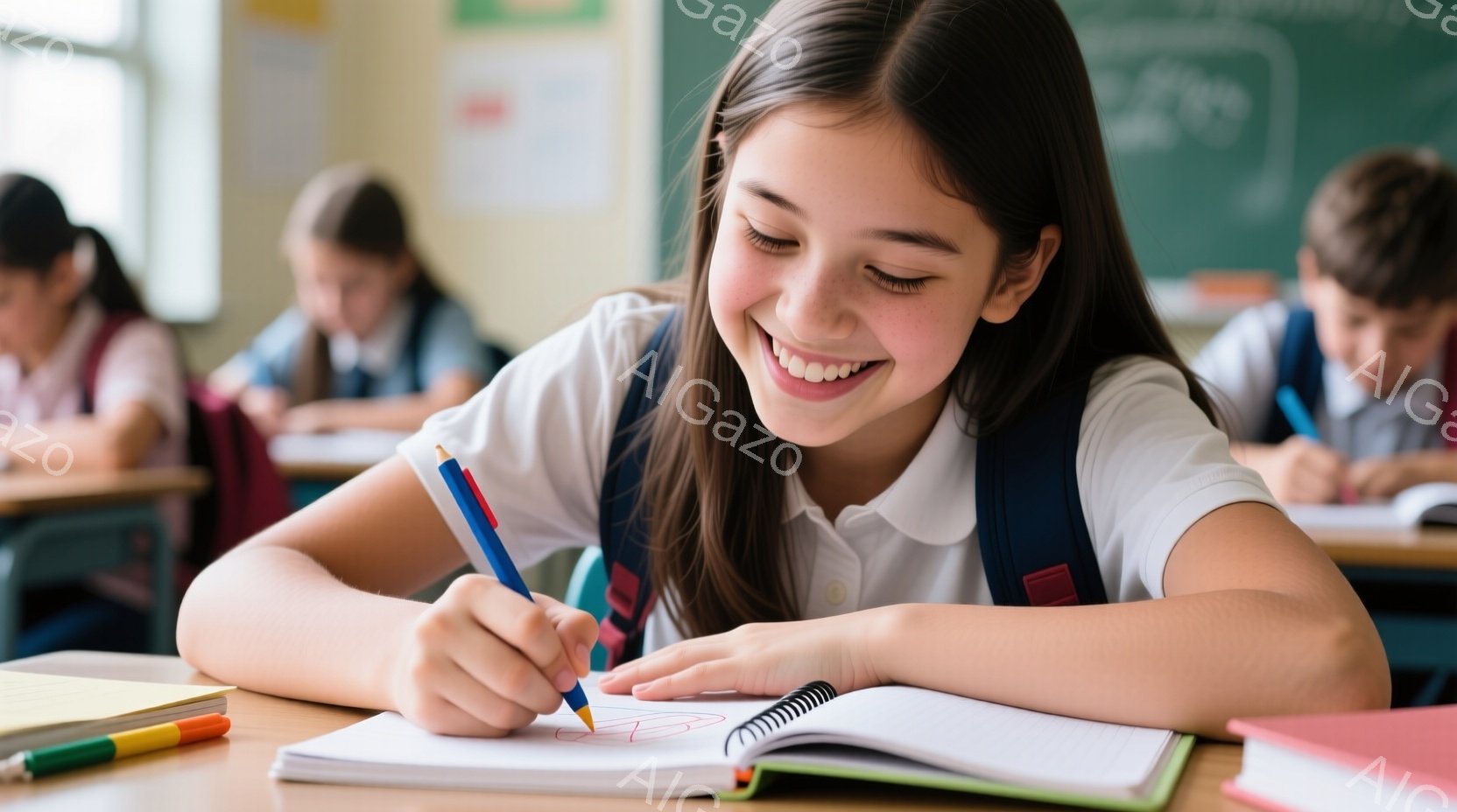 茶髪の少女が教室で描画に集中し、満面の笑みを浮かべている。彼女は白いポロシャツと、肩ひもが青いバックパックを身につけており、机の上には開いたノートと色鉛筆が置かれている。教室の背景には他の生徒たちが座っており、明るく学習的な雰囲気が漂っている。