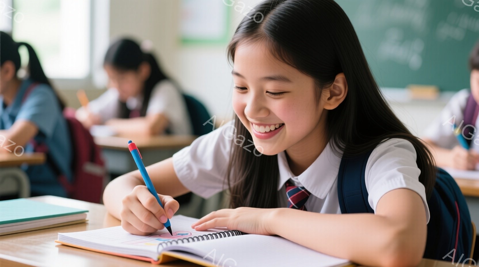 少女はチェック柄のネクタイと白いシャツの制服を着ており、明るく笑顔を浮かべてノートに何かを描いています。彼女は少し身を乗り出し、集中してペンを握り、教室の奥には他の生徒たちが座っています。教室は明るく - AI生成フリー素材