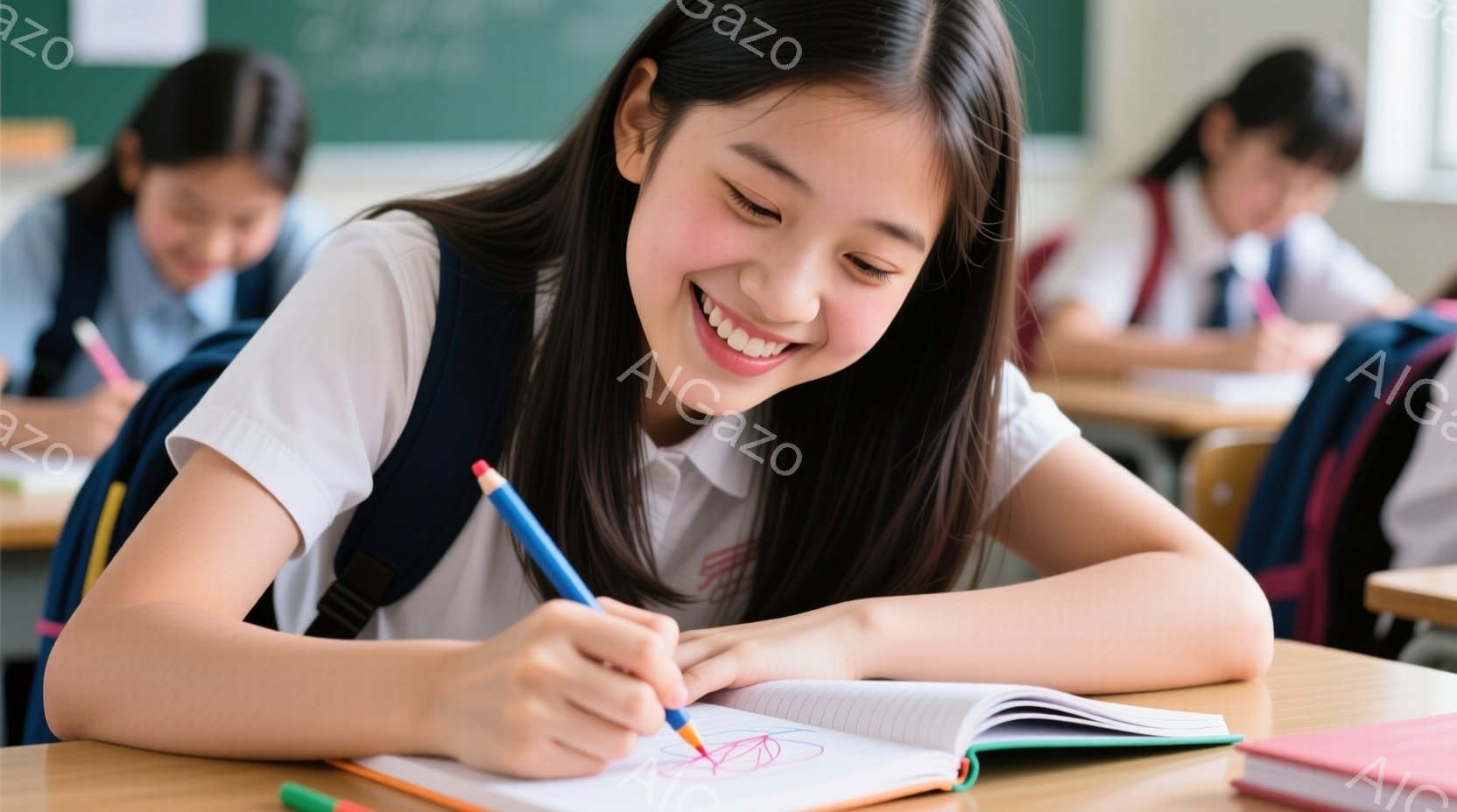 教室で、制服を着た少女が笑顔でノートに何かを描いています。彼女は黒髪で、少し頬を赤らめながら、青いペンとオレンジ色のペンを手にしています。背景には他の生徒や机、そして黒板が見え、明るく活気のある授業の - AI生成フリー素材
