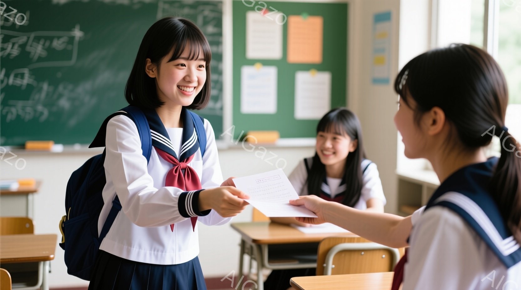 紺色のトラックを女子高生が走っている。彼女は白いシャツに紺色のスカート、白いソックスと黒い靴を履いており、髪は後ろでポニーテールに結んでいる。背景には観客席や緑の芝生、そして晴れた空が広がっており、活気のある運動会の雰囲気が伝わってくる。