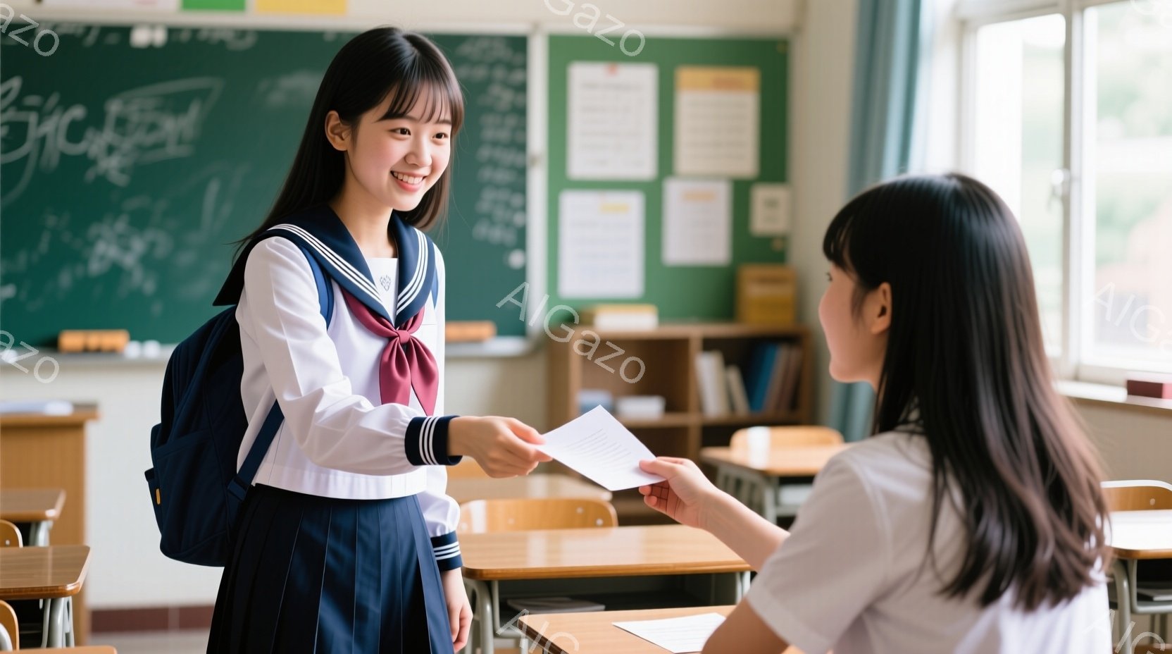制服を着た女子生徒が、別の女子生徒に何かを渡している場面です。笑顔の生徒は、紺色のリボンと白のブラウスに、プリーツスカートとリュックサックを着用し、明るい表情で手を差し伸べています。教室の背景には、机や椅子が並び、壁にはポスターが貼られており、全体的に明るく学習的な雰囲気が漂っています。
