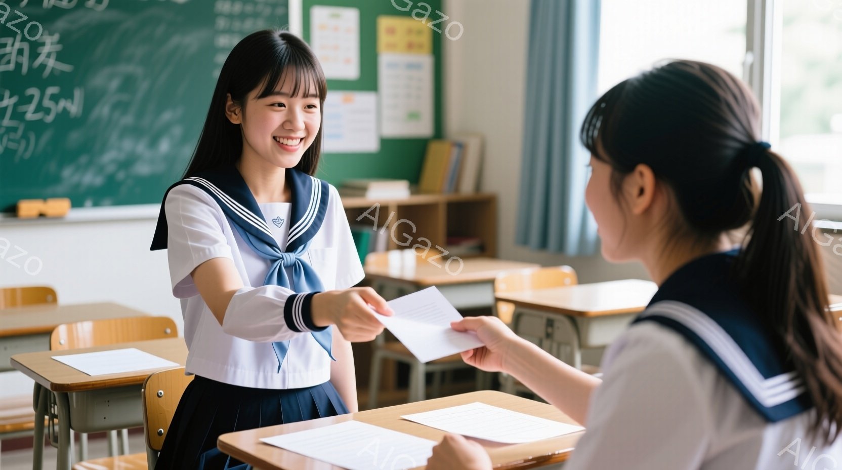 教室で女子高生がテストの紙を別の女子高生に渡している様子が写っています。制服を着ており、髪は肩までの長さで、前髪は眉毛にかかるようにカットされています。教室には木製の机と椅子が並び、黒板には文字が書かれており、明るく学習に集中した雰囲気が漂っています。