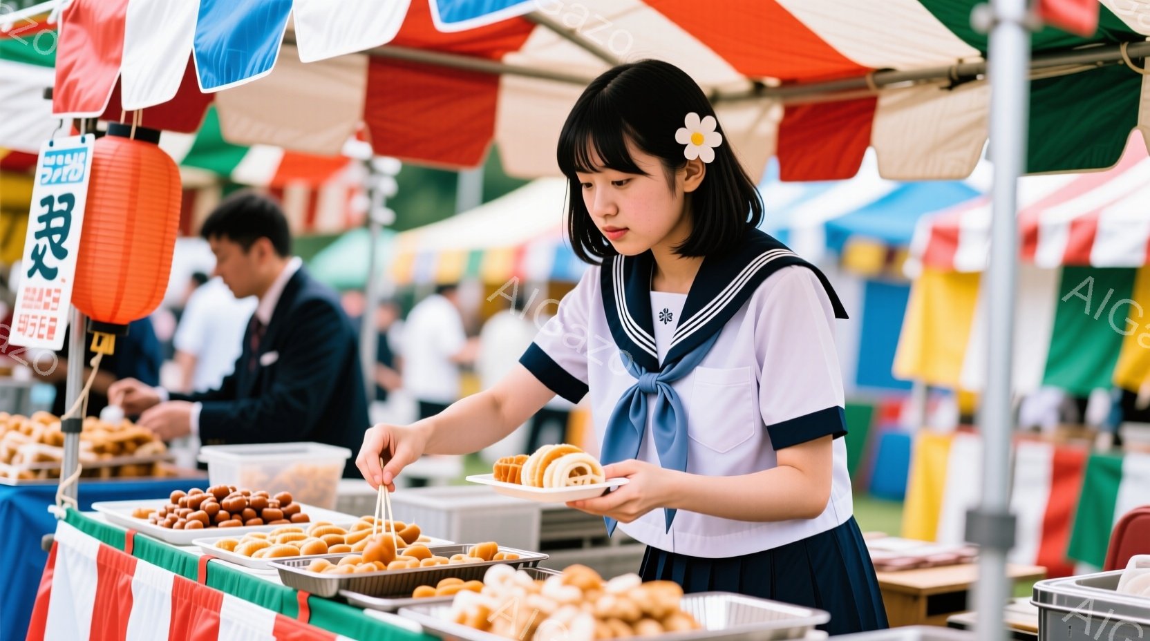 茶髪の女子学生が、屋台で団子を皿に盛り付けています。紺色のセーラー服に白いリボン、髪には白い花飾りをつけています。背景には色とりどりの屋台が並び、お祭りや縁日の賑やかな雰囲気が伝わってきます。