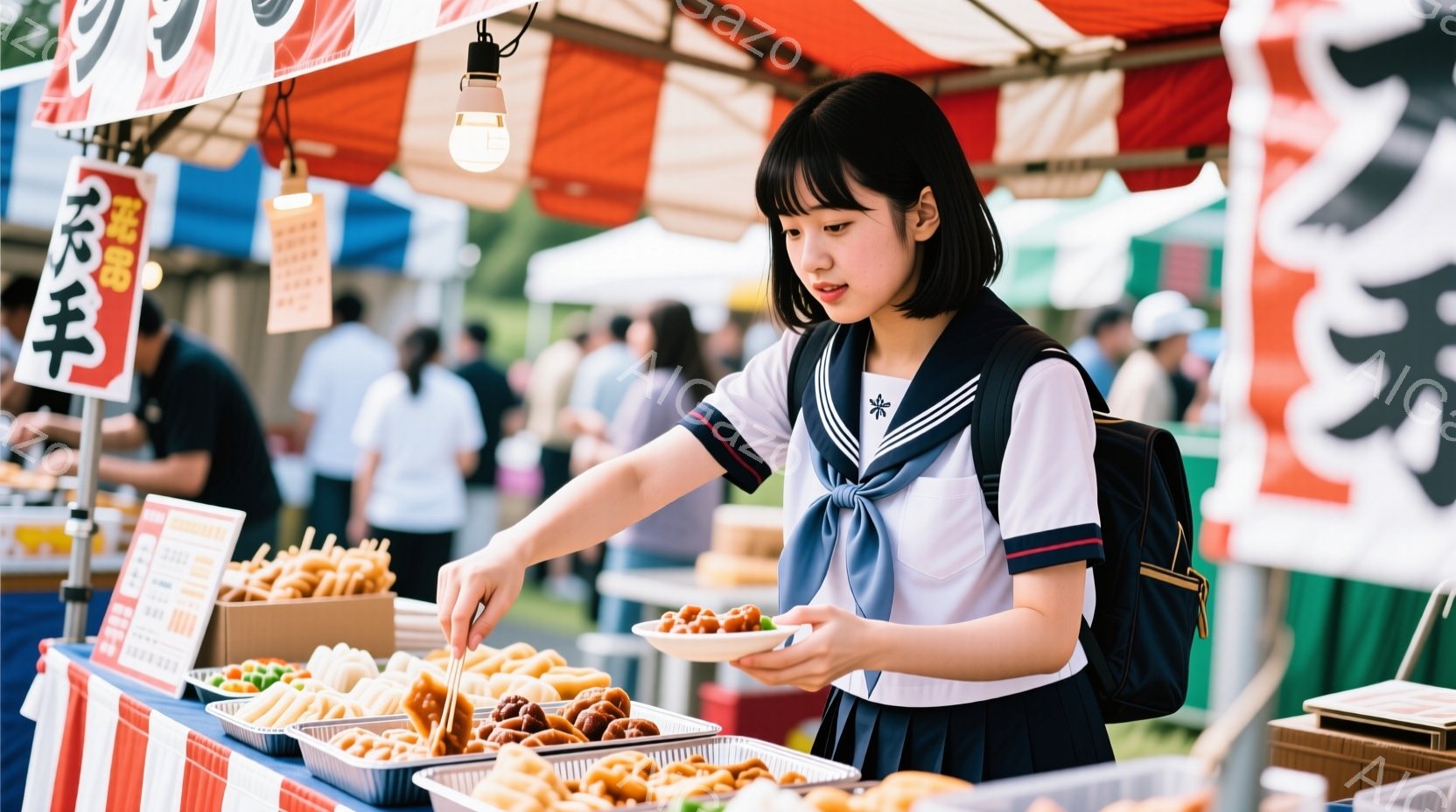 制服姿の女子高生が屋台で軽食を選んでいる様子が写っています。彼女は黒髪のショートボブで、真剣な表情で串に刺さった食べ物をトングで選んでいます。背景には他の来場者や屋台が並び、活気のあるお祭りの雰囲気が漂っています。