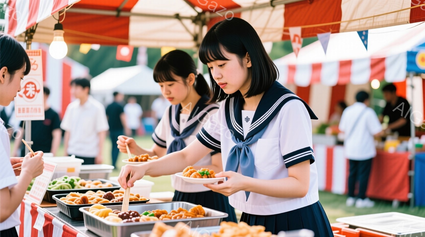 祭りの屋台で軽食を準備する制服を着た女子高生たちが写っています。彼女たちは白いブラウスとネイビーのセーラー服を着ており、髪は短く、前髪を下ろしたスタイルです。背景には、他の屋台や人々が見え、賑やかな祭りの雰囲気が伝わってきます。