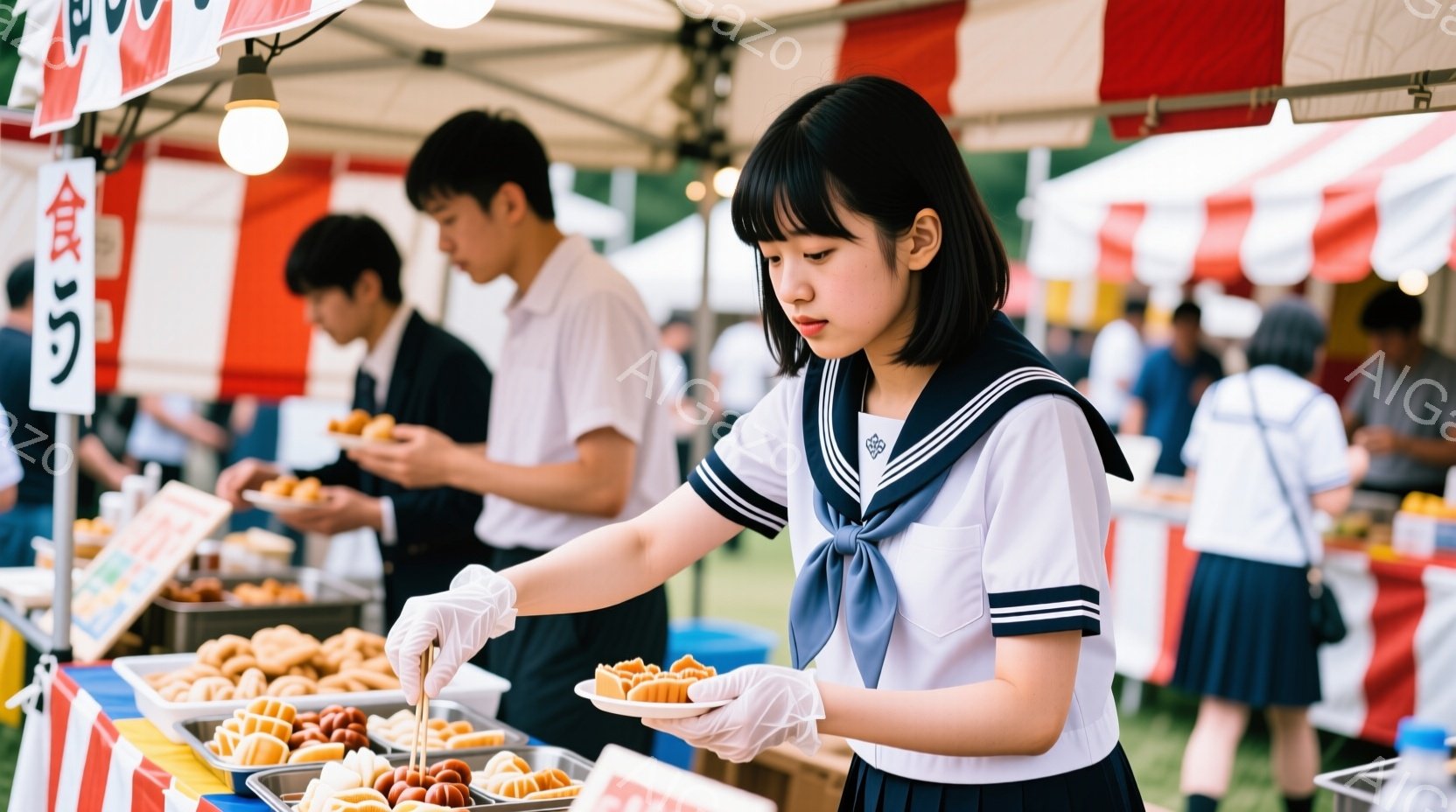 屋台でたこ焼きを作っている女子高生が写っています。紺色のセーラー服を着ており、白い手袋をはめて、真剣な表情でたこ焼きを皿に並べています。背景には、他の人々や屋台、そして赤いテントが見え、お祭りの賑やかな雰囲気が伝わってきます。