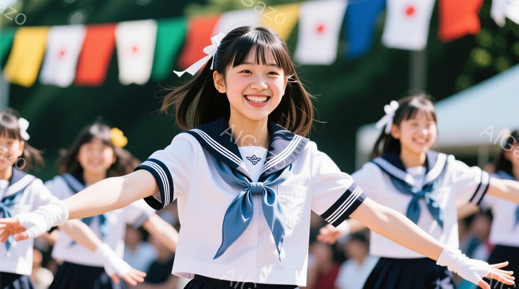 制服を着た女子学生が笑顔で両手を広げて踊っている様子が写っています。彼女は紺色のリボンと白い手袋を身につけ、明るい表情で活気に満ちたダンスを楽しんでいるように見えます。背景には他の女子学生や色とりどり - AI生成フリー素材