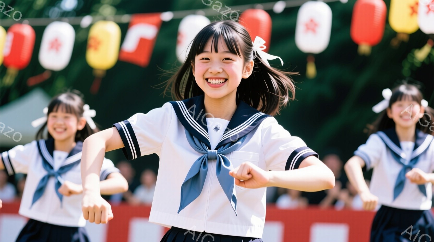 制服を着た若い女性たちが踊っている様子が写っています。彼女たちは白いブラウスに紺色のリボンとスカートを身につけ、笑顔で腕を広げて楽しんでいます。背景には提灯や人々が見え、屋外の賑やかなお祭りのような雰 - AI生成フリー素材