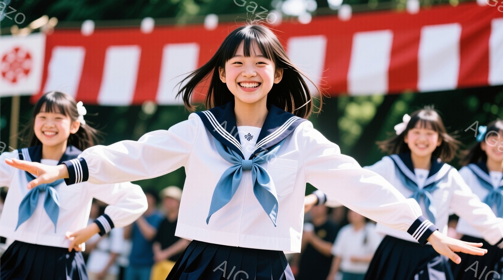 紺色のセーラー服に赤いリボンを付けた少女たちが、両手を広げて楽しそうに踊っています。背景には赤い提灯が並び、明るい日差しの中で活気のあるお祭りの雰囲気が伝わってきます。少女たちは笑顔で、希望に満ちた表情をしています。