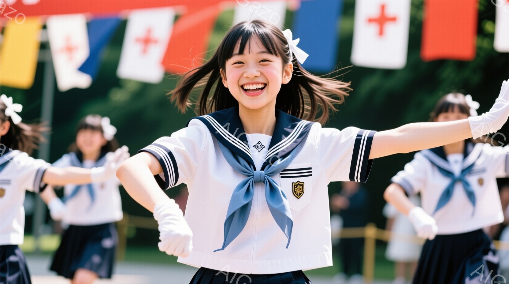 制服を着た少女たちが屋外で踊っている様子を捉えています。少女たちは白い長袖シャツに濃い青色のスカート、そして青いリボンを結んだセーラー服を着ており、白い手袋をはめています。背景には緑豊かな木々があり、 - AI生成フリー素材