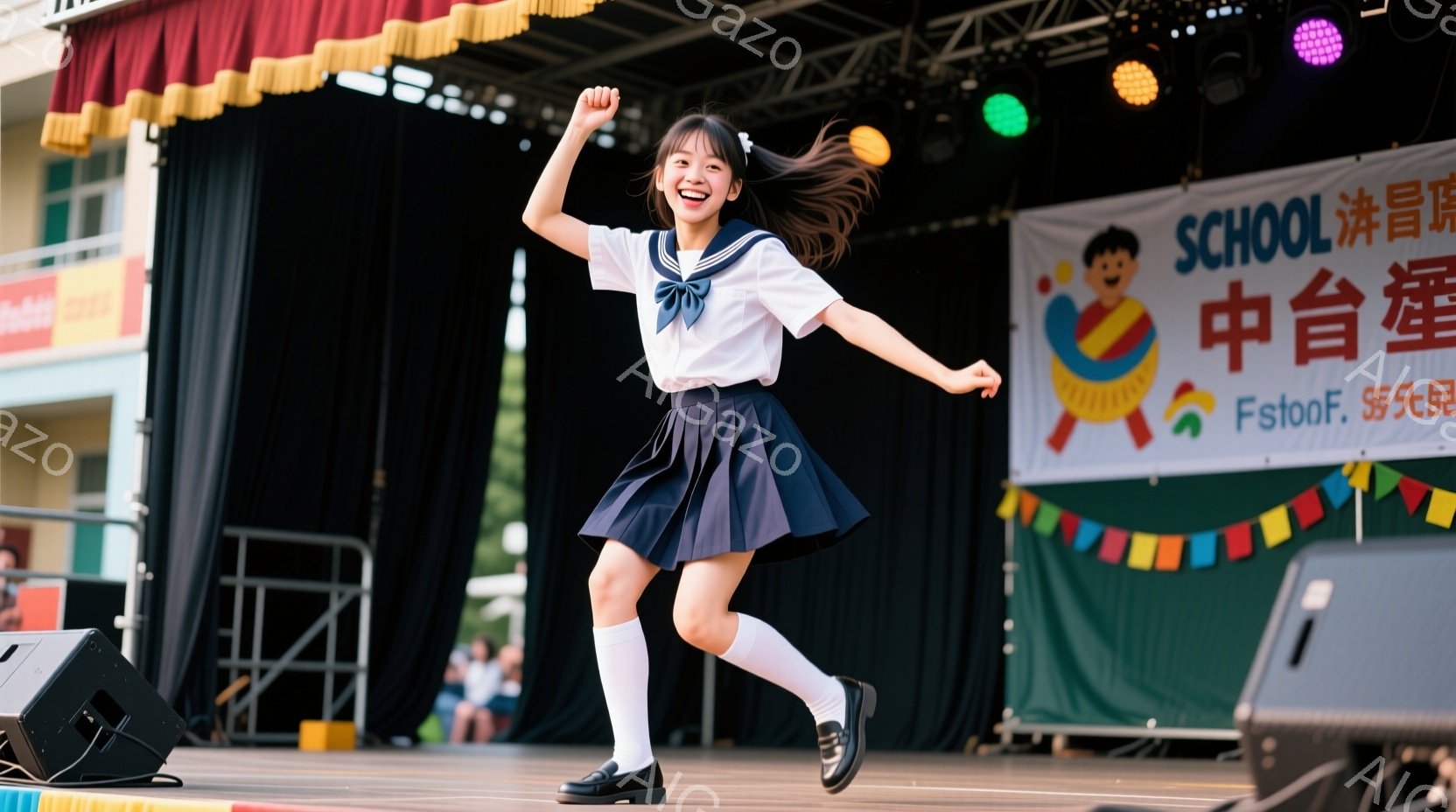 制服姿の少女がステージ上でジャンプしている。紺色のスカートと白いブラウス、リボンが特徴で、髪はポニーテールにされ、顔には笑顔が輝いている。背景にはステージの装飾と緑豊かな自然が見え、晴れた日のイベント - AI生成フリー素材