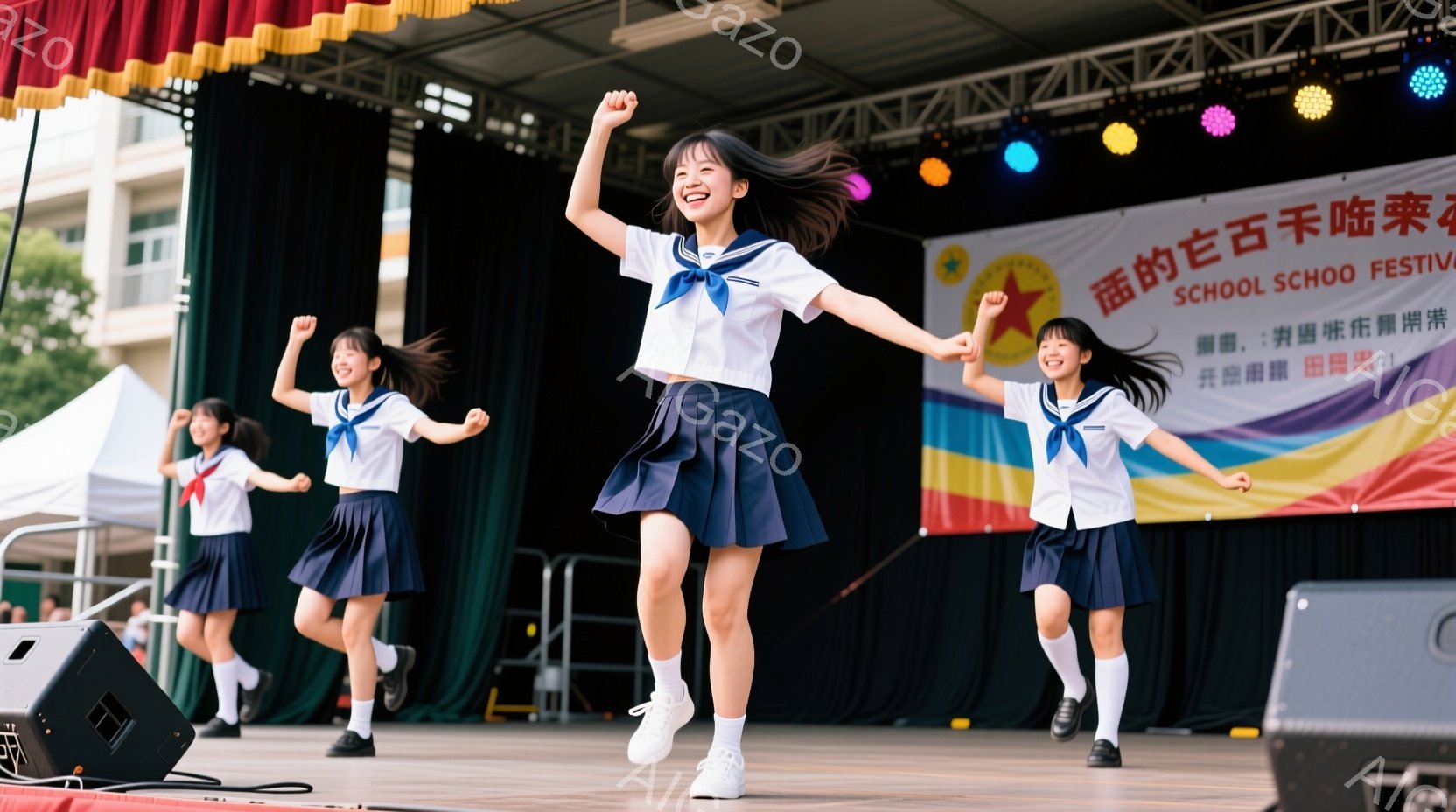 制服姿の女子学生３人がステージ上で踊っています。彼女たちは白いブラウスに紺色のスカート、赤いリボンを身につけ、白い靴下とスニーカーを履いています。背景には建物や木々が見え、晴れた日の屋外イベントのよう - AI生成フリー素材