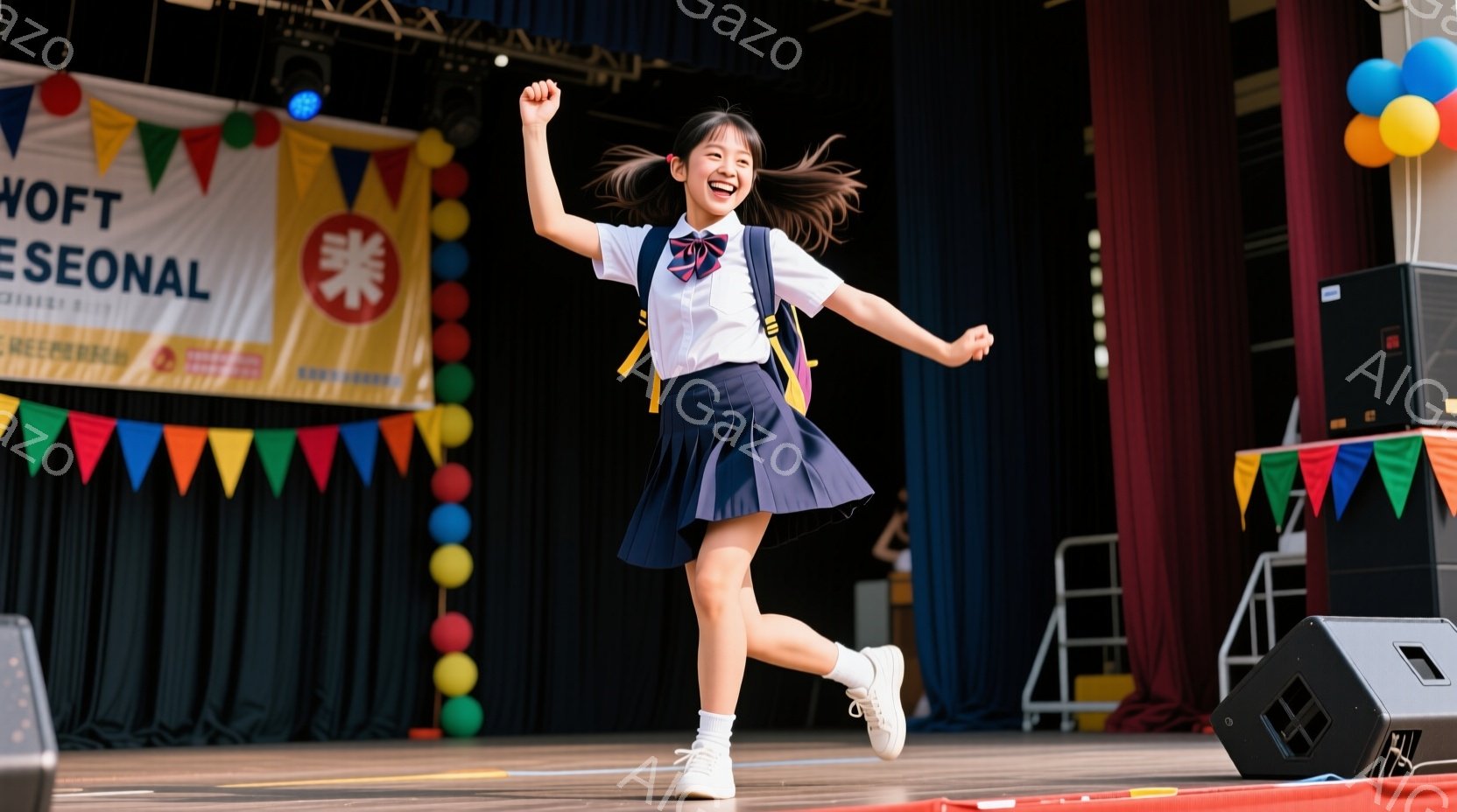 制服を着た若い女性がステージ上でジャンプしている様子が写っている。彼女はネイビーブルーのスカートと白いブラウスを着ており、赤いリボンがアクセントになっている。背景にはカラフルな旗やスピーカーがあり、活気のあるイベント会場の雰囲気が伝わる。
