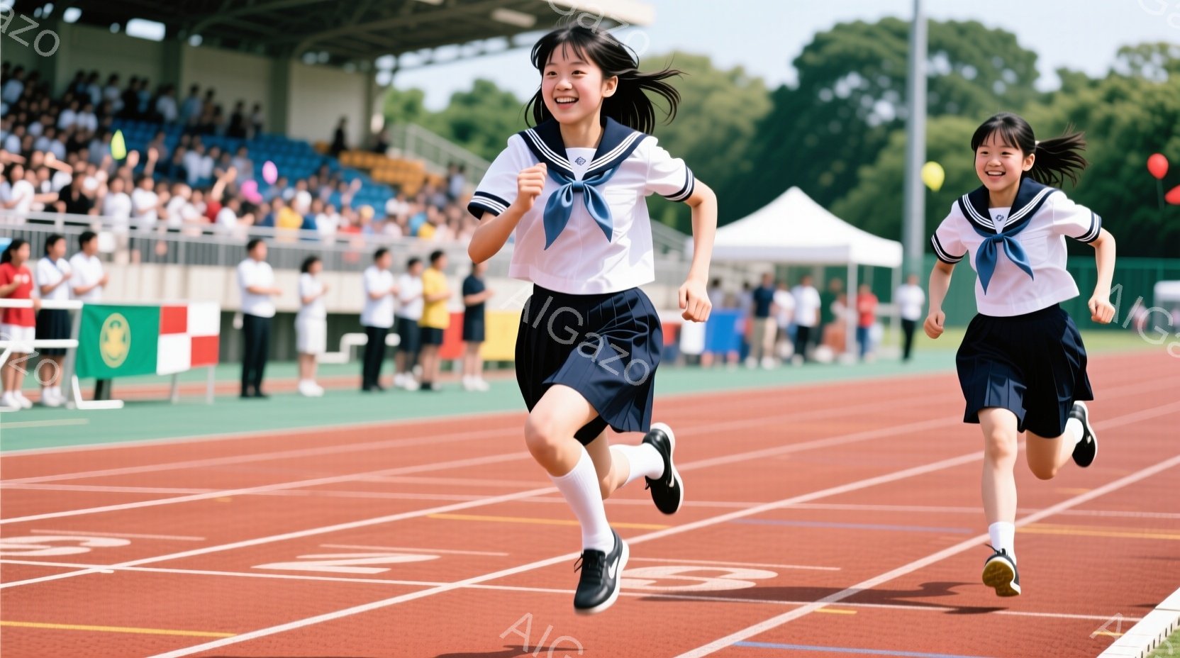 二人の女子高生がトラックで走っている様子が写っている。紺色のリボンとブレザー、プリーツスカートという制服を着ており、髪はポニーテールにしている。背景には観客席と白く晴れた空が見え、活気のあるスポーツイ - AI生成フリー素材