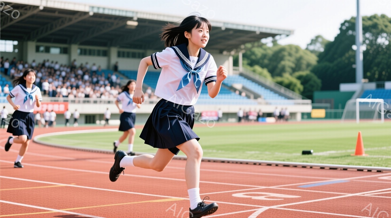 トラックで走る女子学生が写っている。彼女は白いブラウス、濃い青色のスカート、黒い靴を履いており、長い髪を後ろで結んでいる。背景には観客席と緑の芝生があり、晴れた天気で活気のある競技場の雰囲気が感じられ - AI生成フリー素材