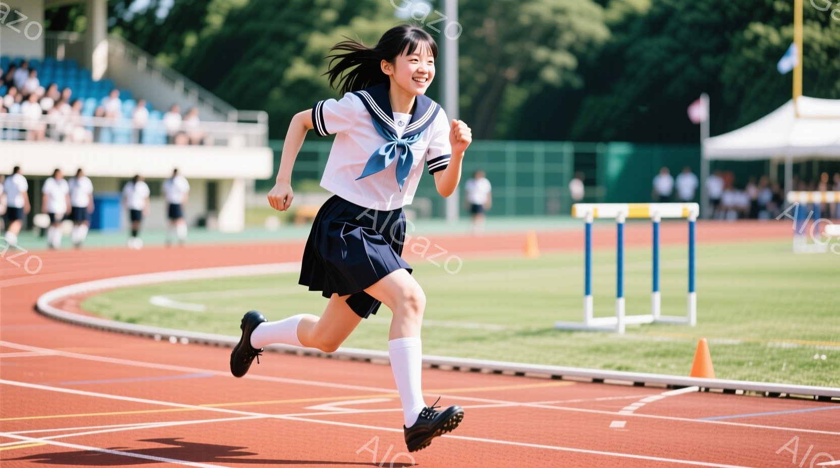 紺色のトラックを、セーラー服を着た女子高生が走っている。彼女は膝を高く上げ、力強く前進しており、顔には笑顔が広がっている。背景には観客席や緑豊かな風景が見え、晴れた日の運動会の雰囲気が伝わってくる。 - AI生成フリー素材