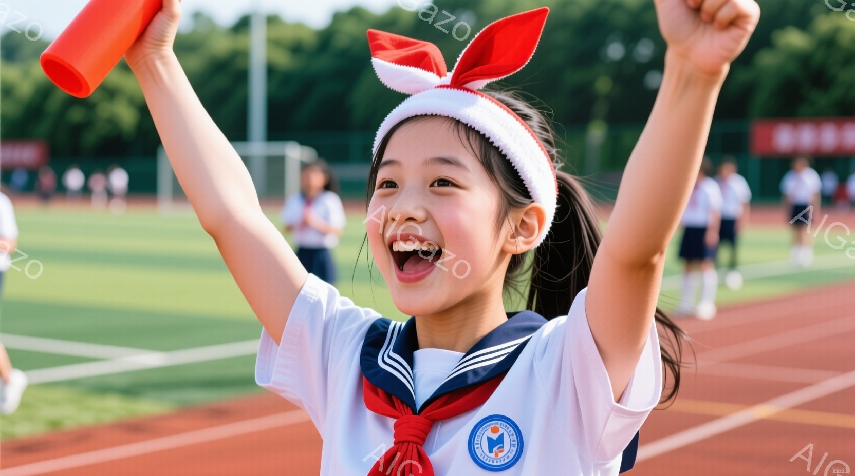 明るい笑顔の少女が、赤いヘッドバンドと制服姿で両手を高く上げて歓声をあげています。制服には学校のエンブレムがついており、背景には緑の芝生とトラック、そしてぼやけた人影が見えます。全体的に晴天で活気に満ちた、運動会のようなイベントの一コマを切り取った写真です。