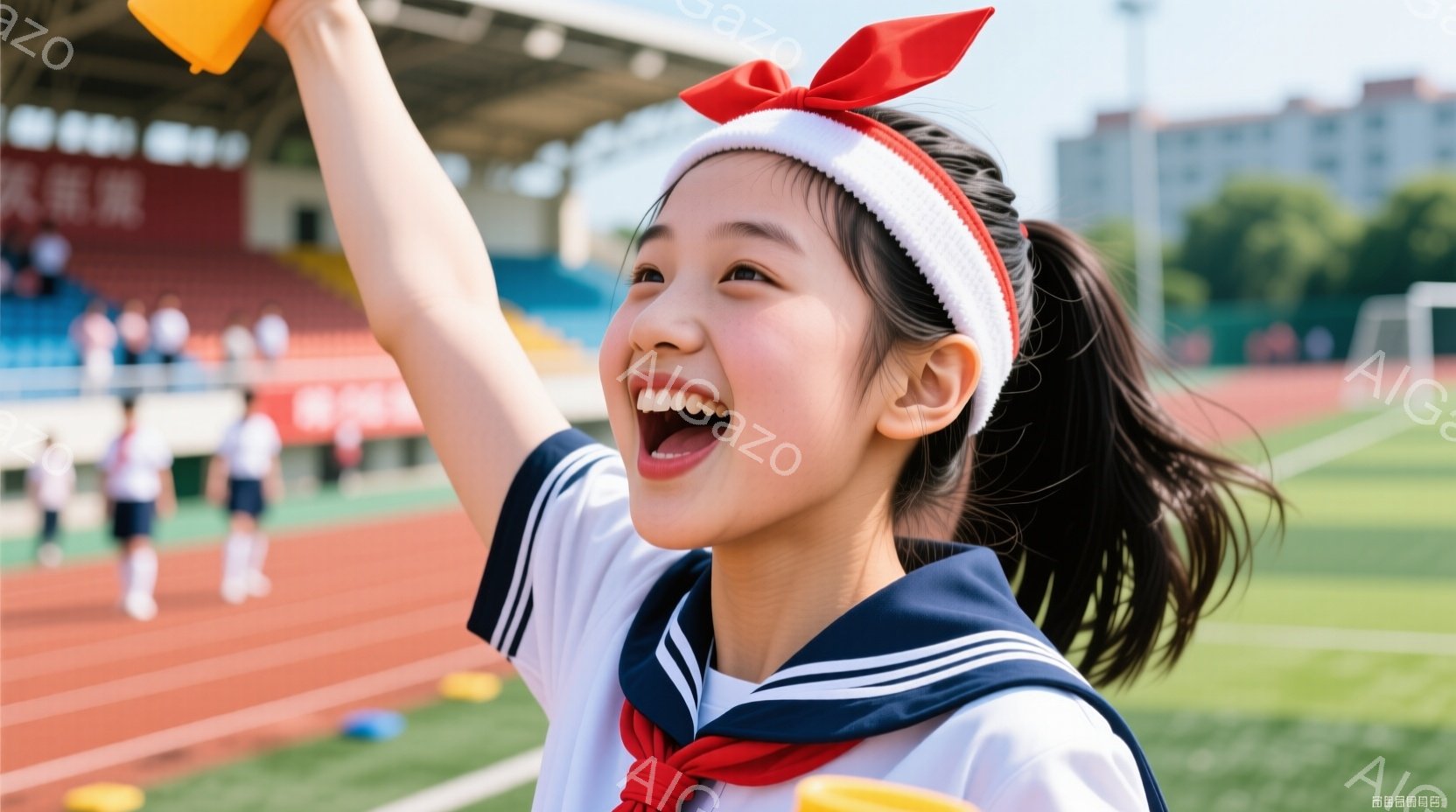 紺色のセーラー服を着た若い女性が、競技場のトラックに立って、片手を高く上げた様子を捉えています。彼女は明るい笑顔を浮かべ、頭には赤いリボンがついた白いヘアバンドをつけています。背景には、緑のフィールドと観客席、そして晴れた空が広がっており、活気のあるスポーツイベントの雰囲気が漂っています。