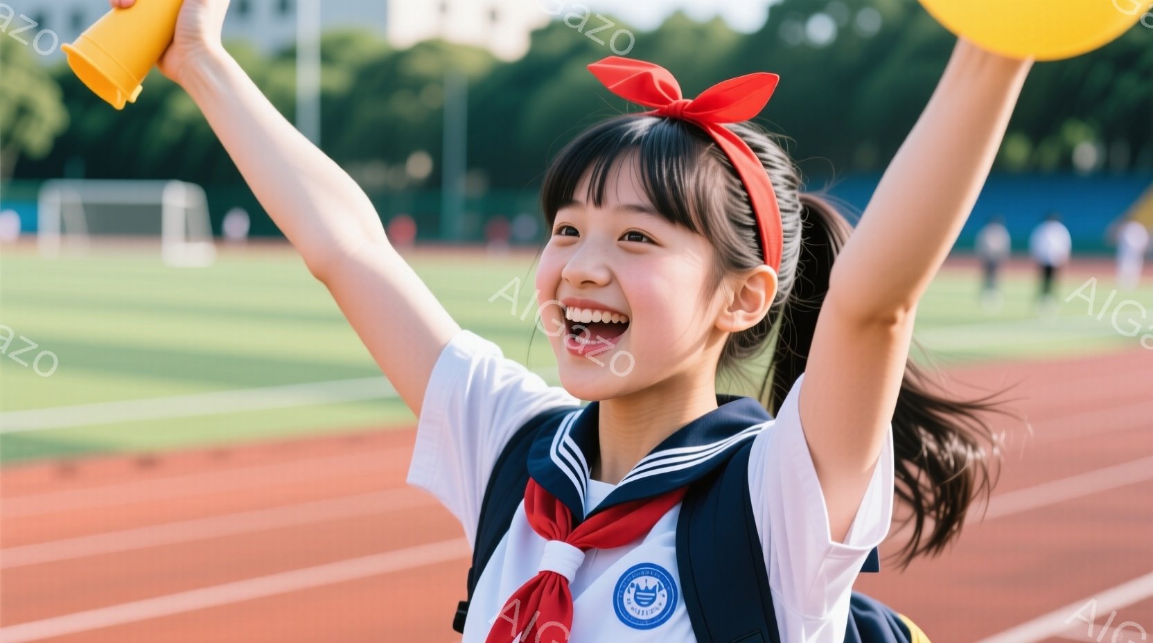 少女は運動場で両手を高く上げ、満面の笑みを浮かべています。紺色のセーラー服に赤いリボンをつけ、黒いランドセルを背負っており、元気いっぱいの表情が印象的です。背景には緑豊かな木々と赤いトラック、そして遠くに見える建物があり、晴れた日の明るい雰囲気が伝わってきます。