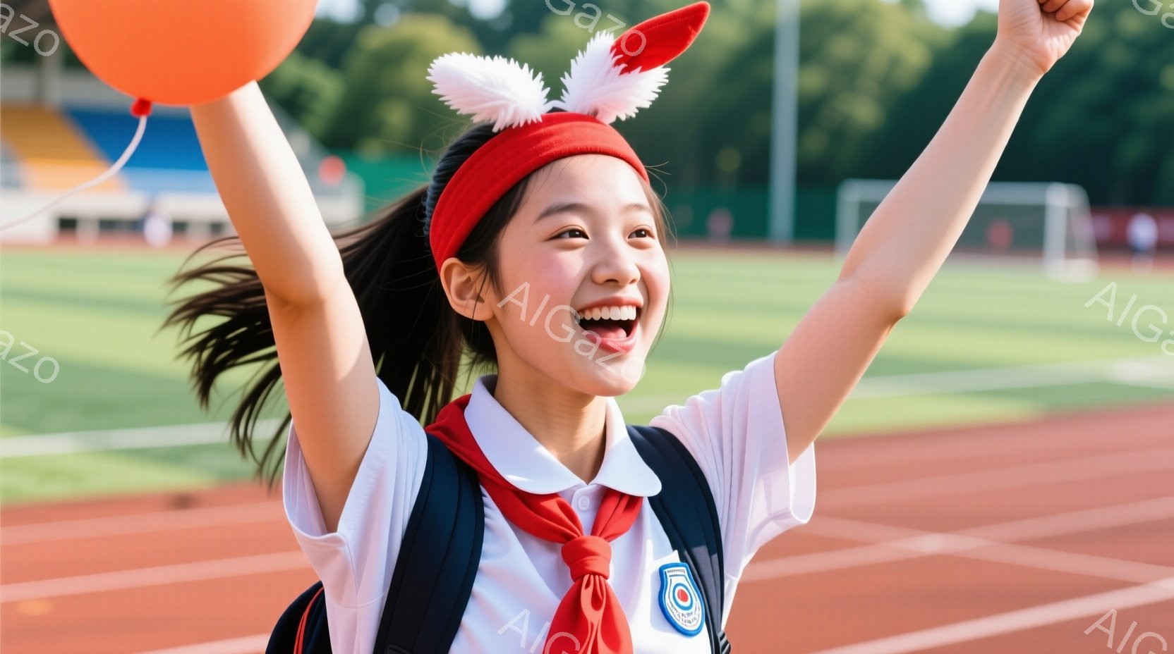 茶髪のロングヘアをポニーテールにし、赤いヘッドバンドをつけた若い女性が、競技場に見立てた赤いトラックで両手を上げて喜んでいます。彼女は白い襟付きシャツに黒いネクタイ、そして背中にリュックサックを背負っ - AI生成フリー素材