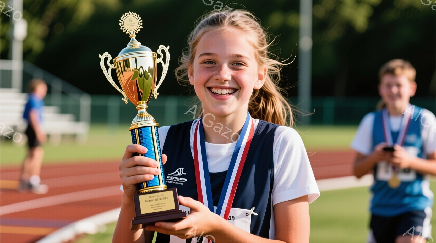 少女は競技場でトロフィーを高く掲げ、満面の笑みを浮かべている。彼女は青いタンクトップに赤いヘアバンド、そして首にはメダルをかけており、髪はポニーテールに結ばれている。背景には緑の芝生とトラック、そして - AI生成フリー素材
