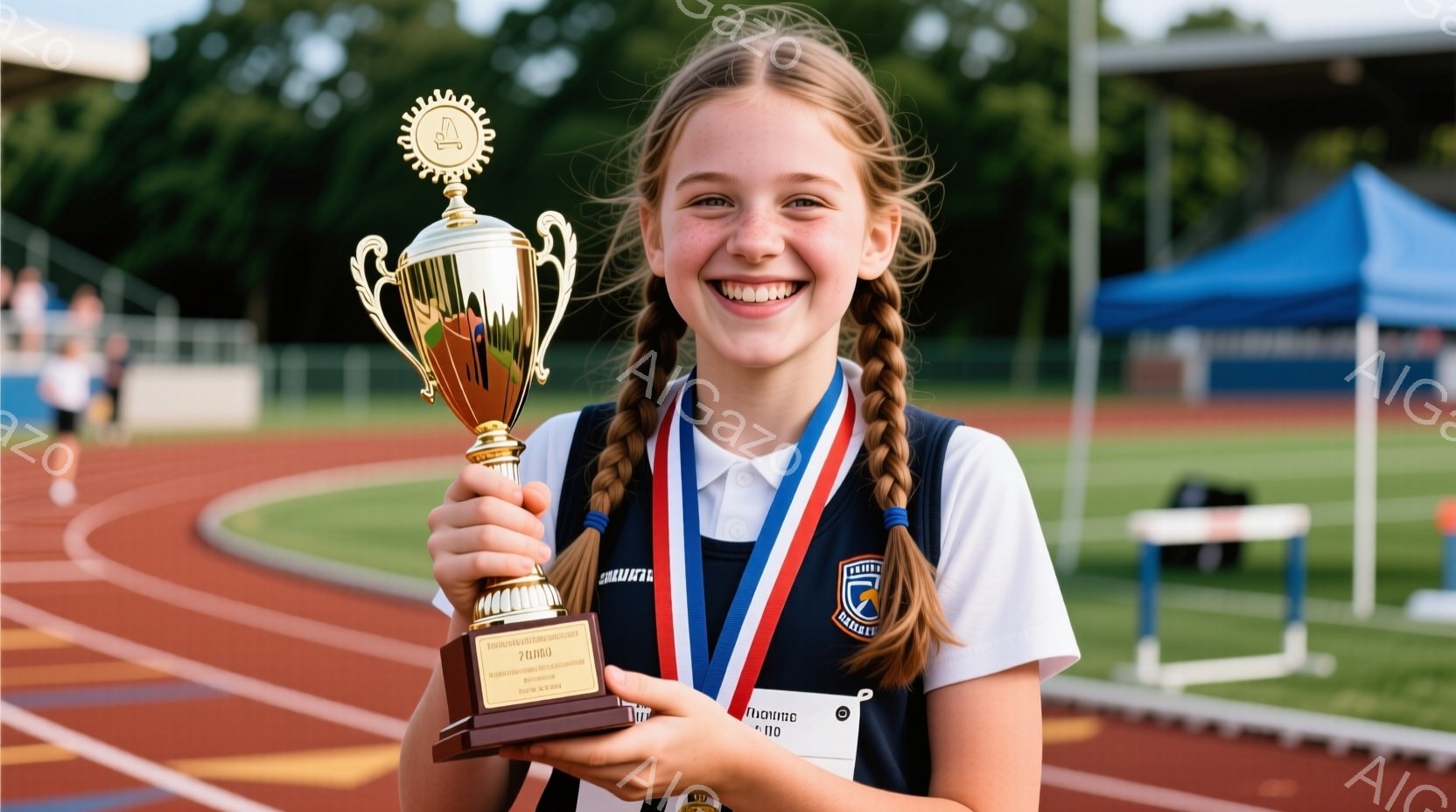 若い女の子が、スポーツ大会で獲得したと思われるトロフィーを手に笑顔で立っています。彼女は青と白のポロシャツに、首からメダルをかけており、髪は二つ編みにされています。背景には、トラック、ハードル、そして少し離れた場所にテントのような建物が見え、晴れた日の屋外イベントの様子が伺えます。