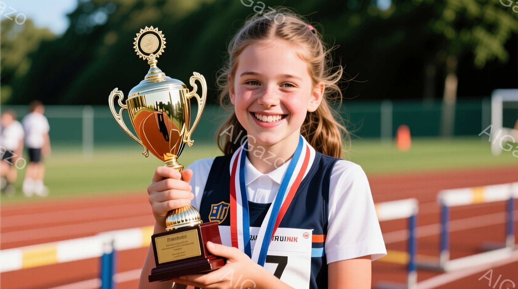若い少女がトロフィーを高く掲げ、満面の笑みを浮かべている。彼女は紺色のトラック＆フィールドのユニフォームに白いシャツを着ており、首にはメダルがかけられている。背景には緑の芝生とトラックがあり、他の選手 - AI生成フリー素材
