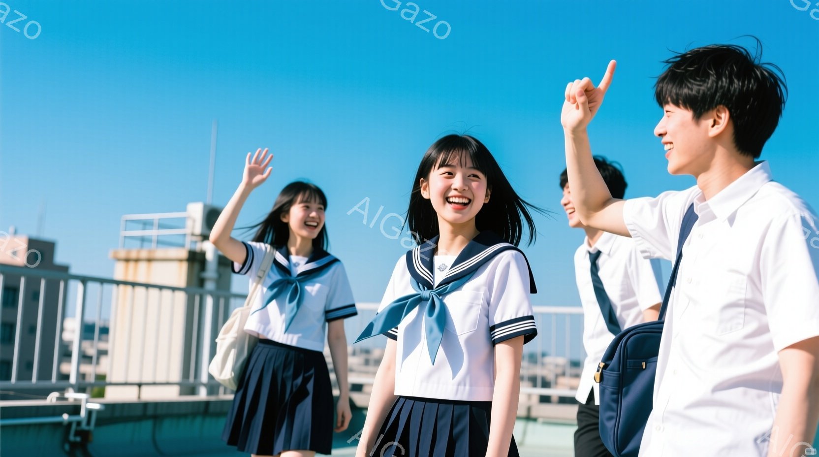 制服姿の女子高生二名と男子生徒一名が、屋上の開放的な空間で楽しそうにしている様子が写っています。女子生徒たちはセーラー服を着ており、紺色のスカートと白いブラウスが印象的です。男子生徒は白いシャツにズボ - AI生成フリー素材