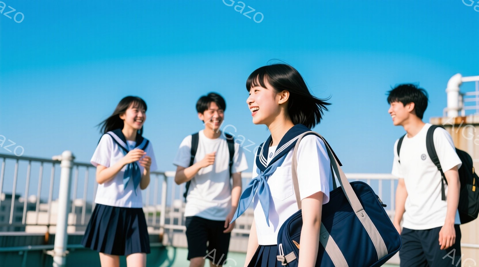 制服姿の生徒たちが屋上の柵の前に立っています。女の子は紺色のリボンとスカート、白いブラウスを着て、肩に紺色のバッグをかけて笑顔を見せています。背景には青空が広がり、遠くに建物が見え、全体的に明るく爽やかな雰囲気です。