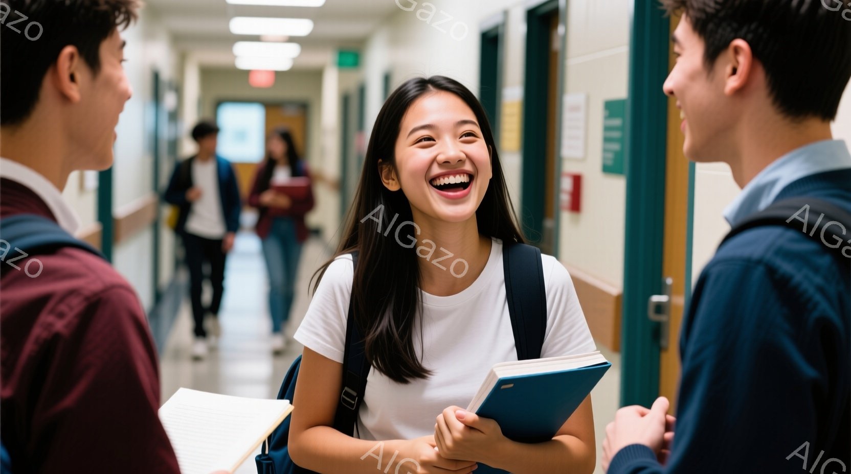 白いTシャツを着た若い女性が、廊下で他の学生と話しながら笑っています。彼女はバックパックを背負い、両手に青い表紙の本を抱えています。背景には廊下の奥に他の学生たちが歩いているのが見え、明るく賑やかな学校の雰囲気が漂っています。