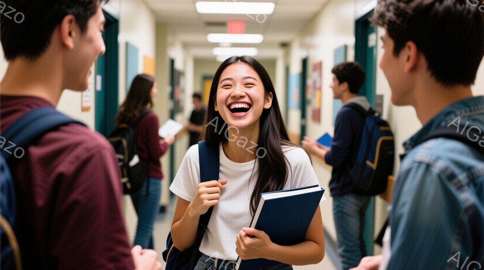 白いTシャツを着た若い女性が、廊下で満面の笑みを浮かべている。彼女は肩にリュックサックをかけ、手に青いノートを数冊持っている。廊下には他の生徒たちがおり、明るい照明と壁の色が、若々しく活気のある学校の - AI生成フリー素材