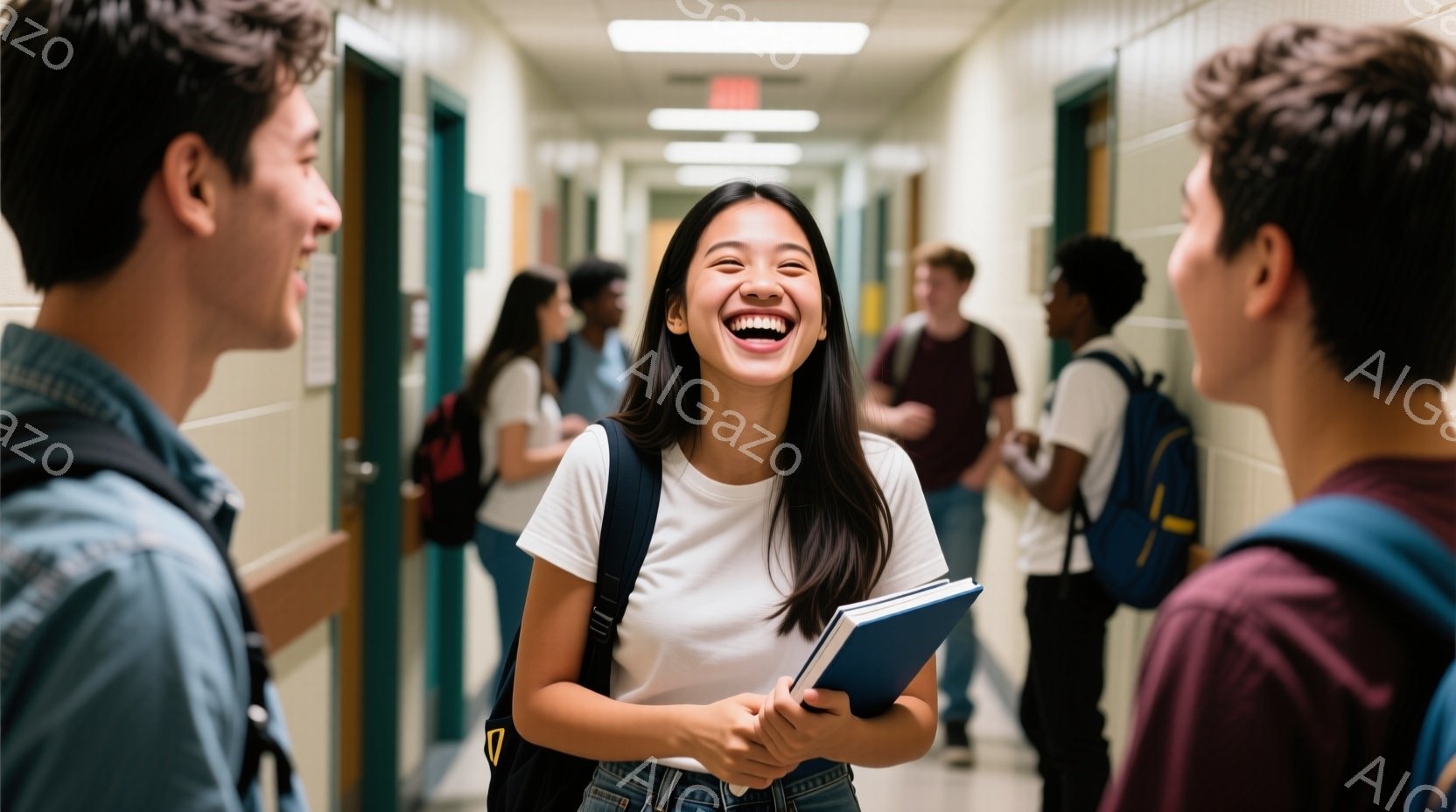 廊下には、リュックサックを背負った生徒たちが立っており、一人の若い女性が明るく笑っています。彼女は白いTシャツを着ており、手に青い本を握り、他の生徒と会話を楽しんでいるようです。背景は学校の廊下で、緑 - AI生成フリー素材