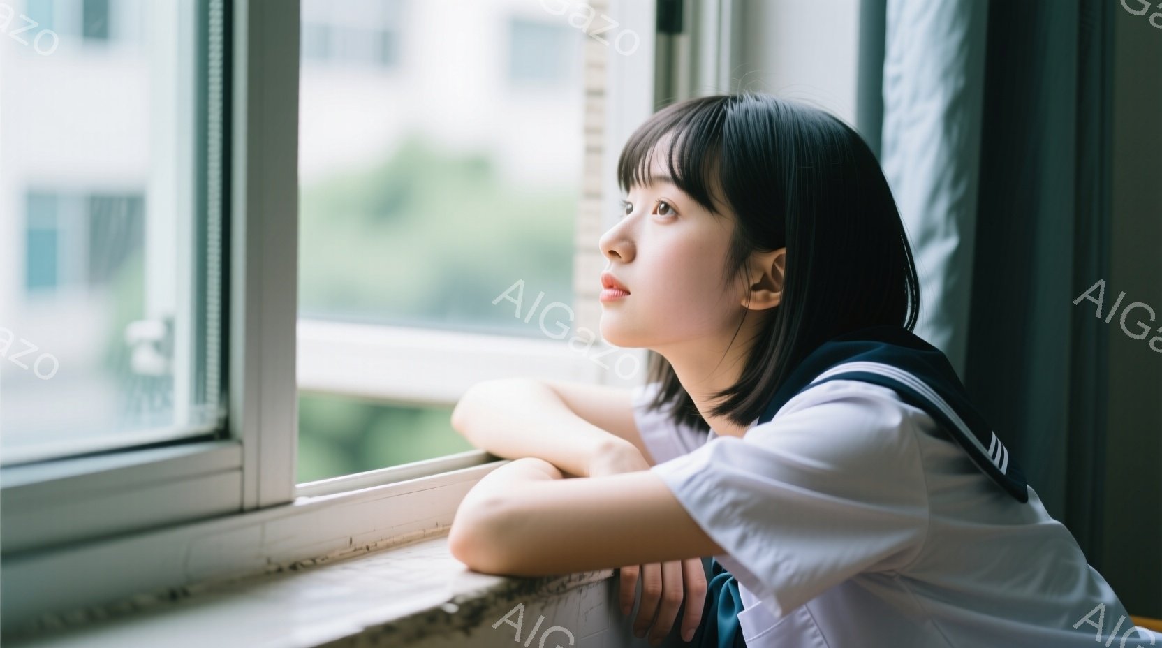 短い黒髪の少女が窓枠に寄りかかって外を見つめている。白いシャツにネクタイ、制服の一部と思われる服装で、少し憂いを帯びた表情をしている。背景には建物が見え、やや曇り空で、物静かで内省的な雰囲気が漂っている。