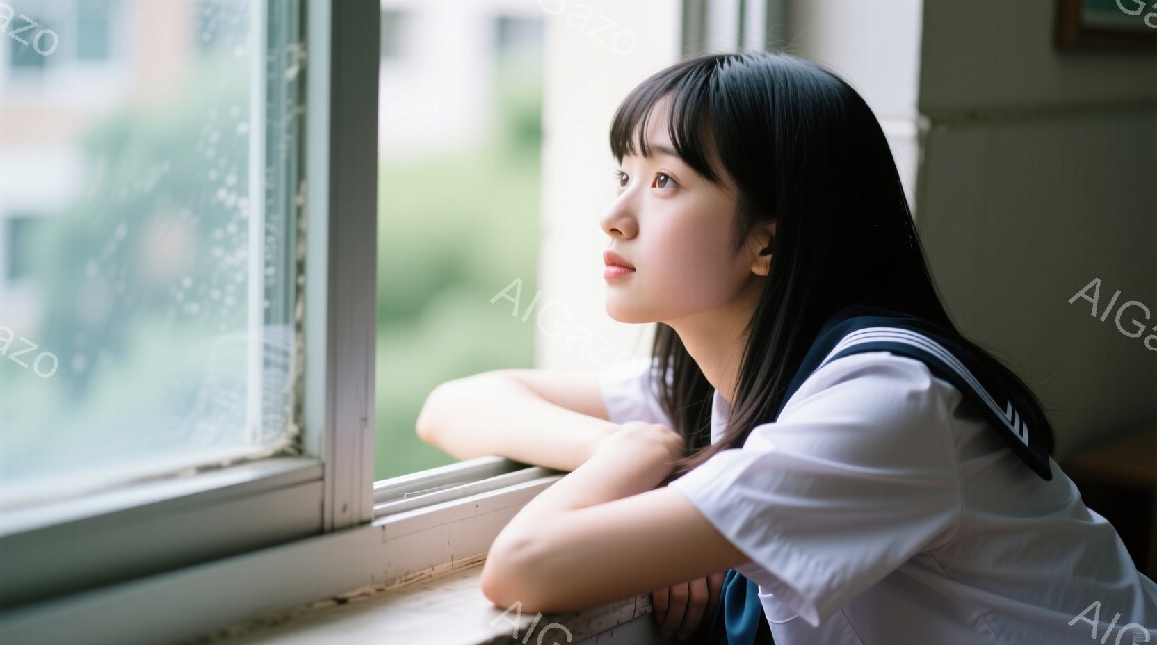 窓枠に肘をついて外を眺めている女子高生が写っています。彼女は黒髪のショートボブで、白いブラウスと紺色の制服を着ています。窓の外は雨が降っており、ぼやけた建物の風景が見え、物憂げな雰囲気を醸し出しています。